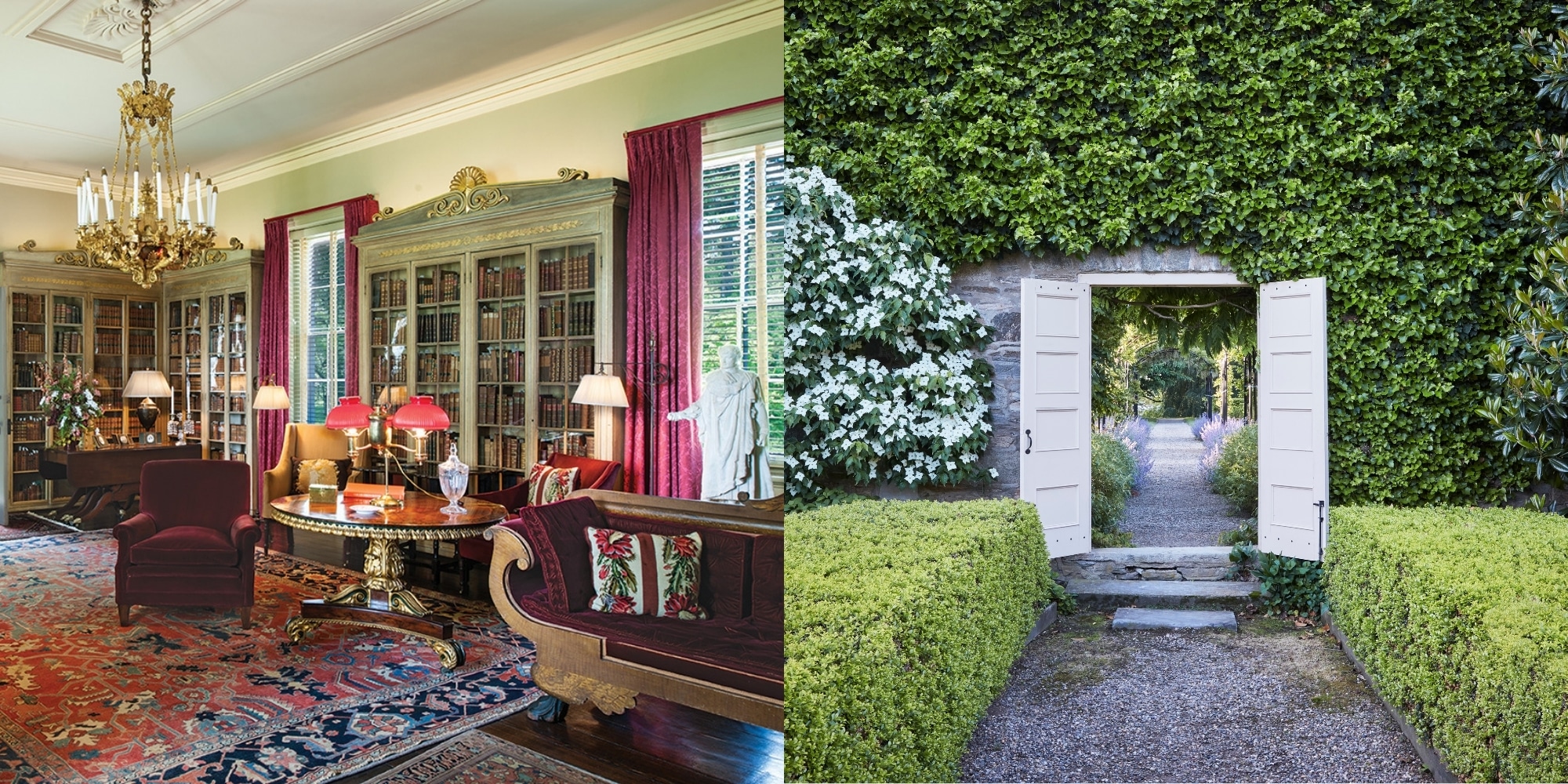Historic House interior pictured next to open garden doors. Advertising group tours at Andalusia.